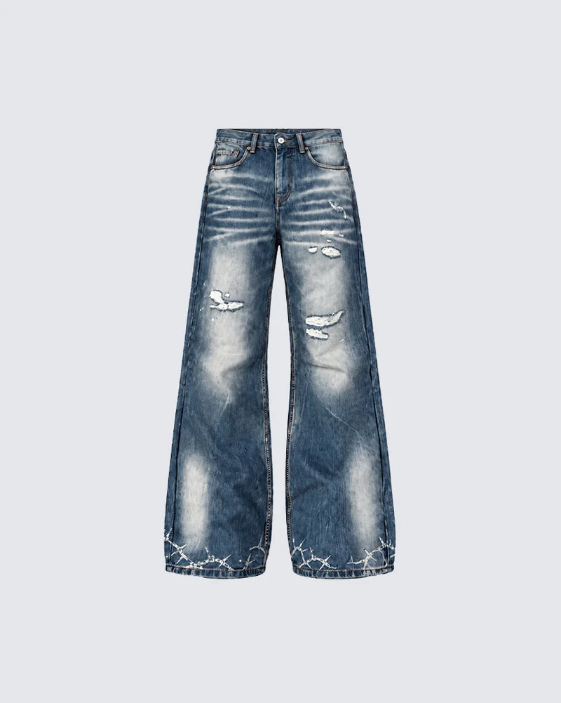 KIIKIO Distressed Wide Leg Washed Denim Jeans