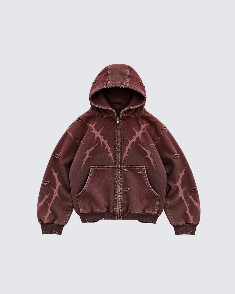 KIIKIO Faded Burgundy Distressed Zip-Up Hoodie