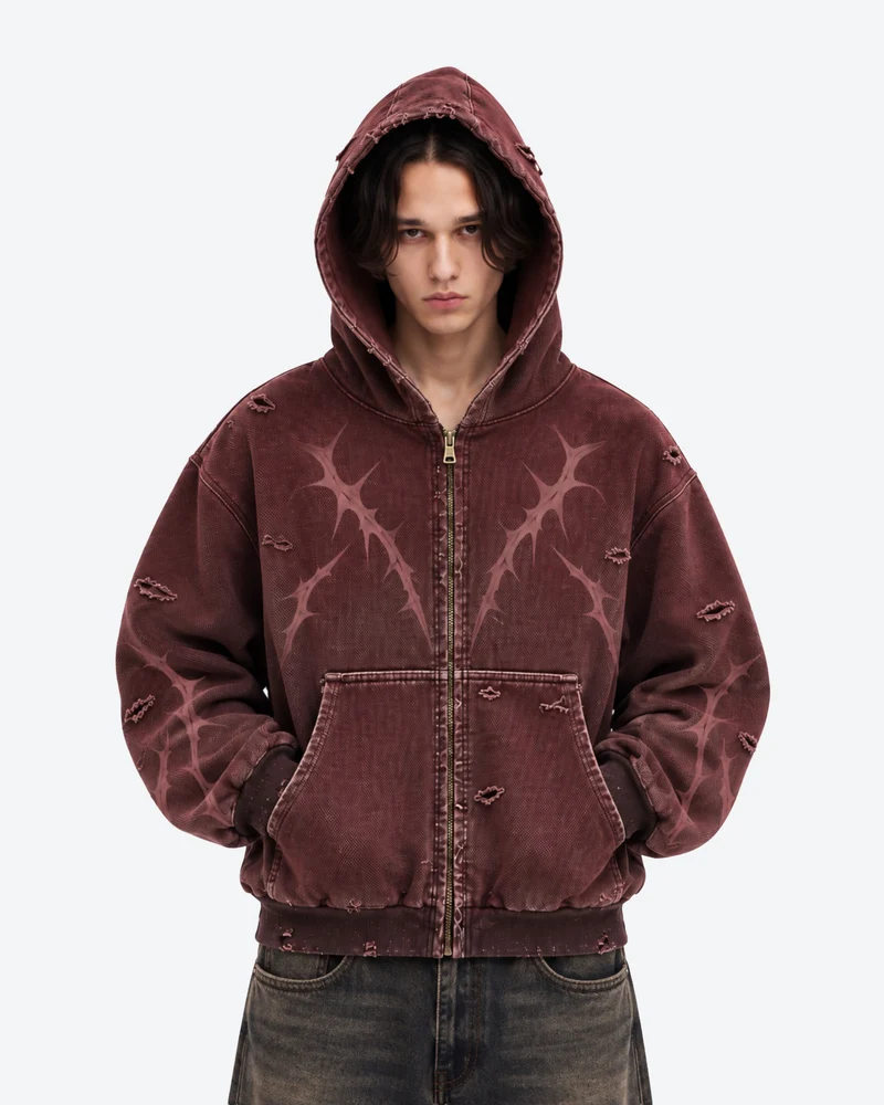 KIIKIO Faded Burgundy Distressed Zip-Up Hoodie