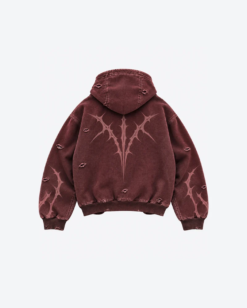 KIIKIO Faded Burgundy Distressed Zip-Up Hoodie