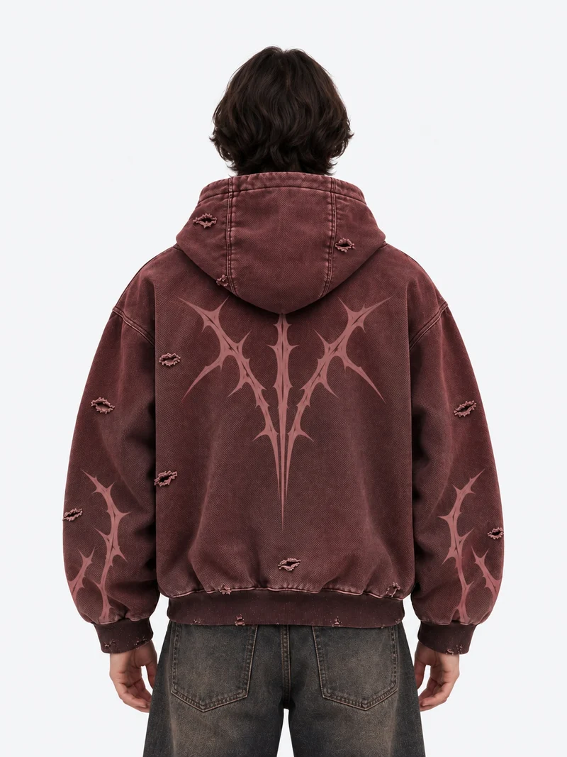 KIIKIO Faded Burgundy Distressed Zip-Up Hoodie