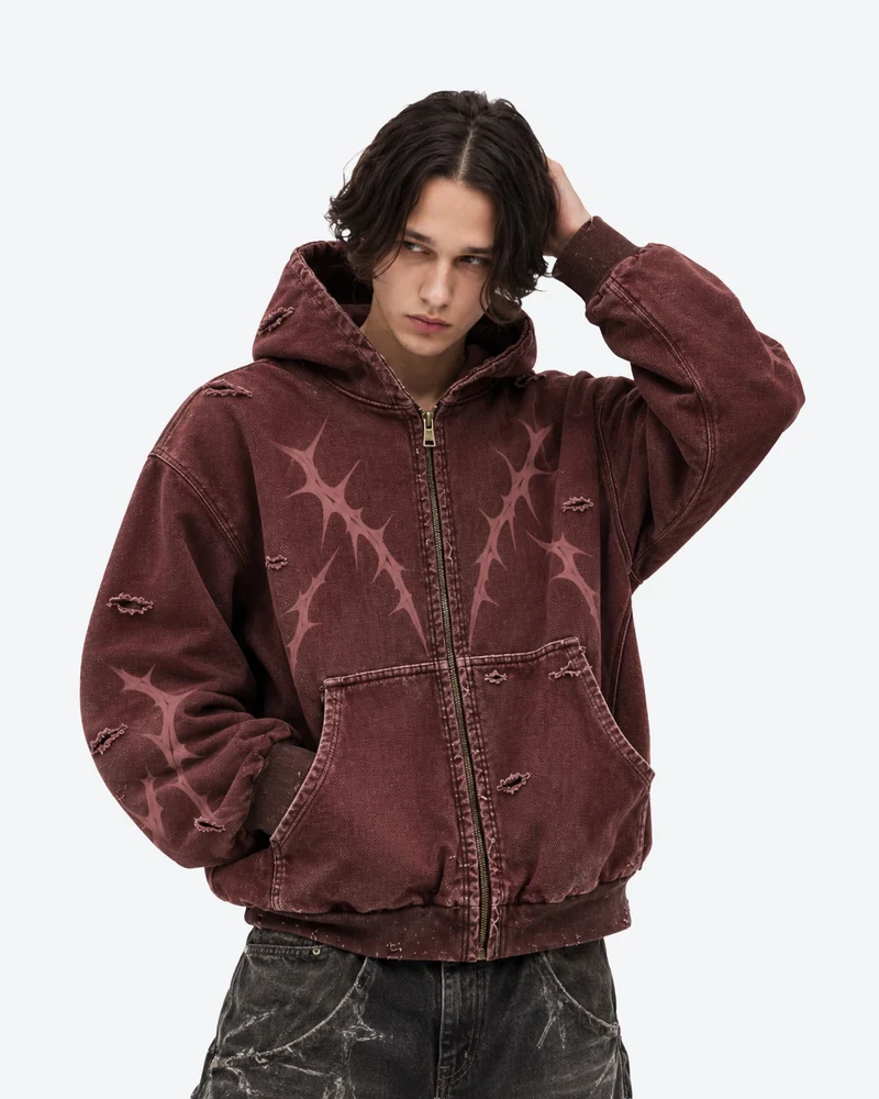 KIIKIO Faded Burgundy Distressed Zip-Up Hoodie