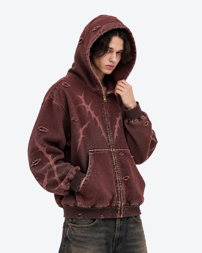 KIIKIO Faded Burgundy Distressed Zip-Up Hoodie