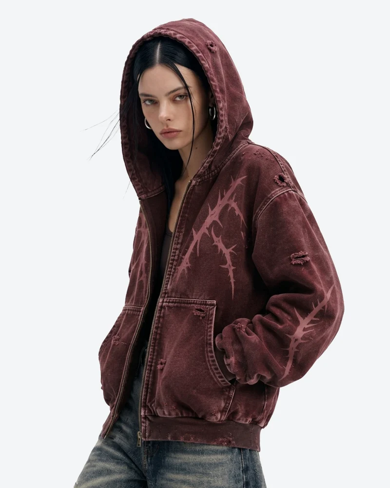 KIIKIO Faded Burgundy Distressed Zip-Up Hoodie