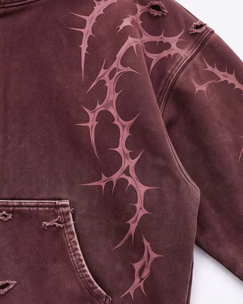 KIIKIO Faded Burgundy Distressed Zip-Up Hoodie