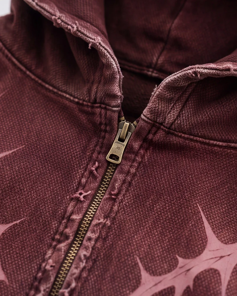 KIIKIO Faded Burgundy Distressed Zip-Up Hoodie