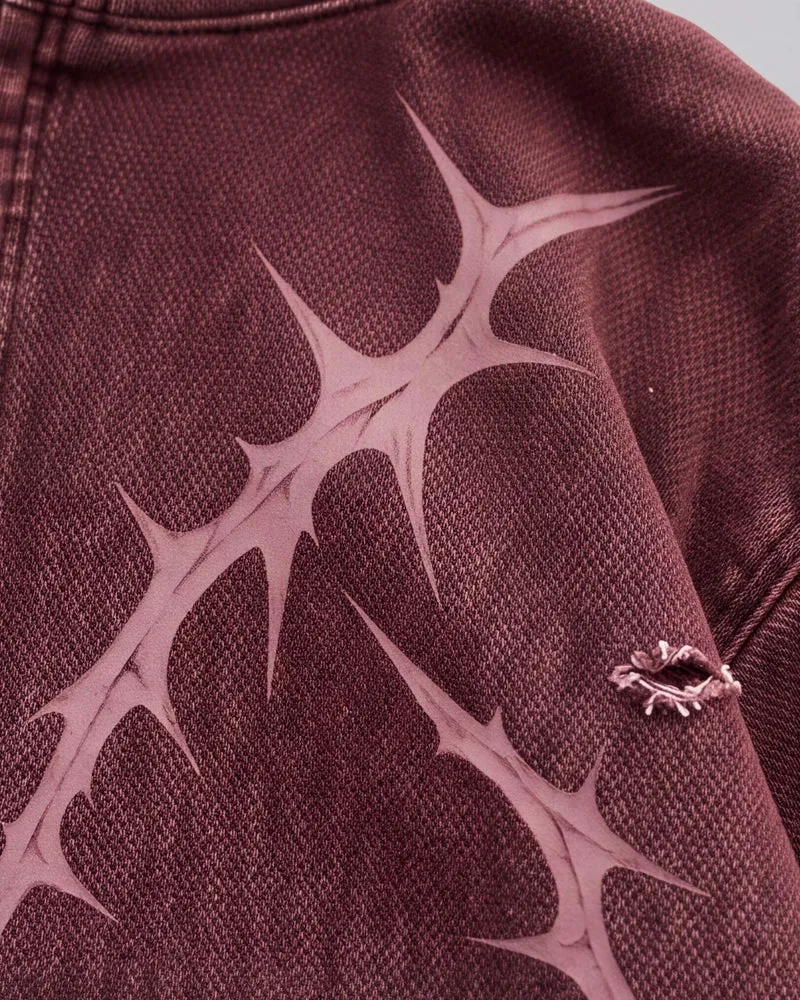 KIIKIO Faded Burgundy Distressed Zip-Up Hoodie