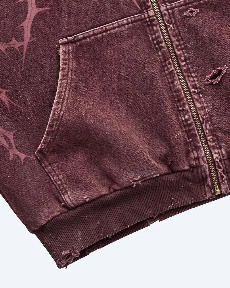 KIIKIO Faded Burgundy Distressed Zip-Up Hoodie