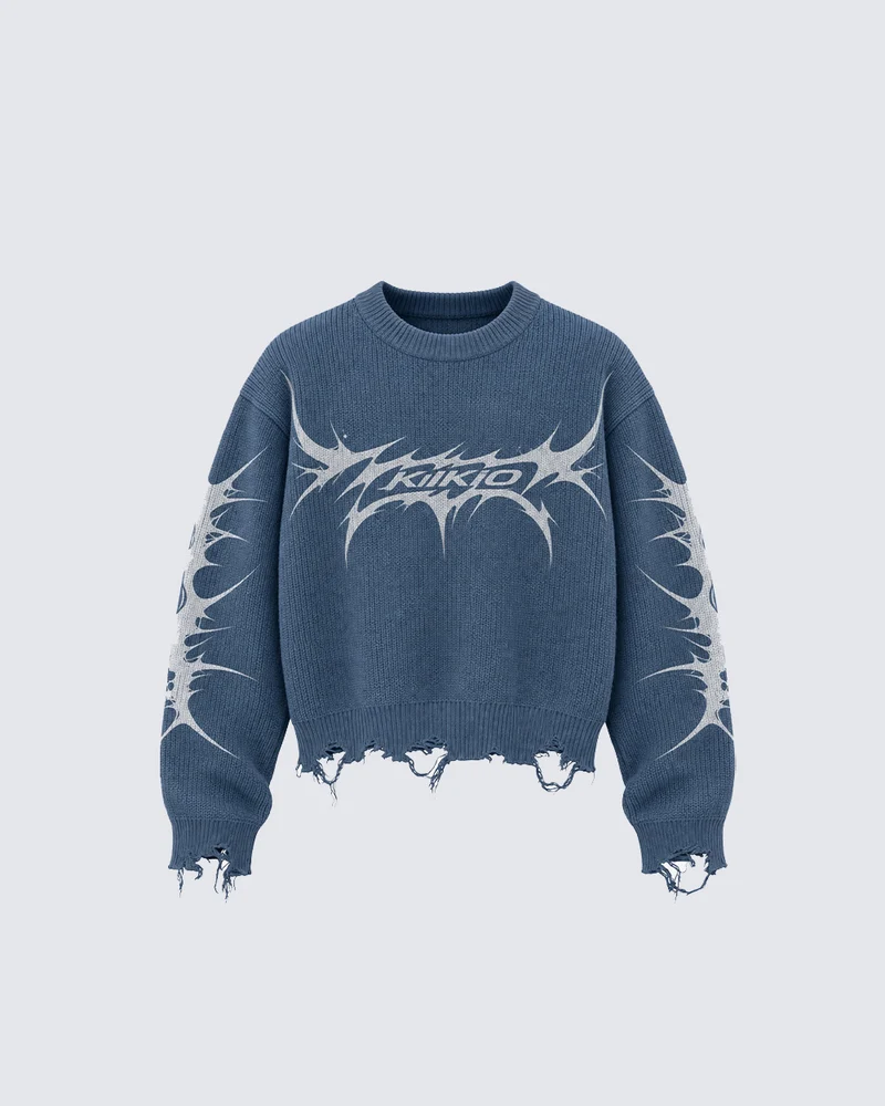 KIIKIO Retro Distressed Thorn Graphic Knit Sweater
