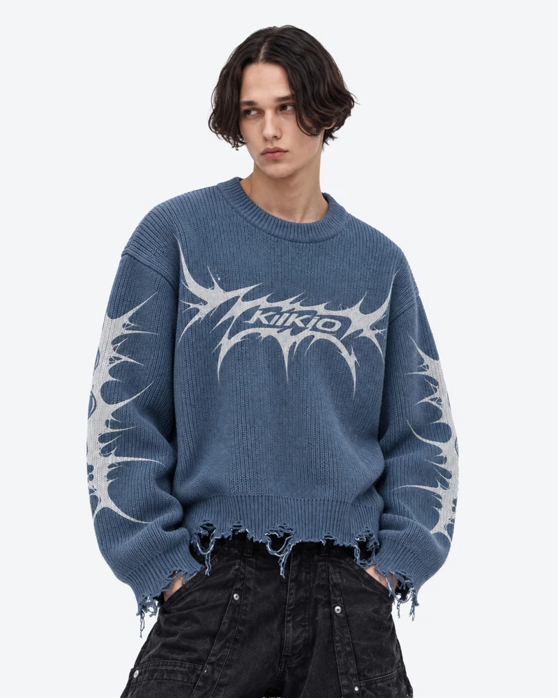 KIIKIO Retro Distressed Thorn Graphic Knit Sweater