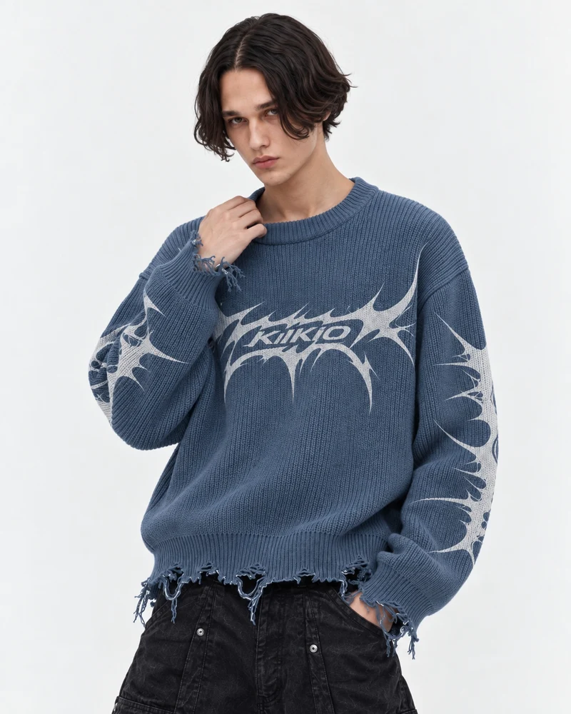 KIIKIO Retro Distressed Thorn Graphic Knit Sweater
