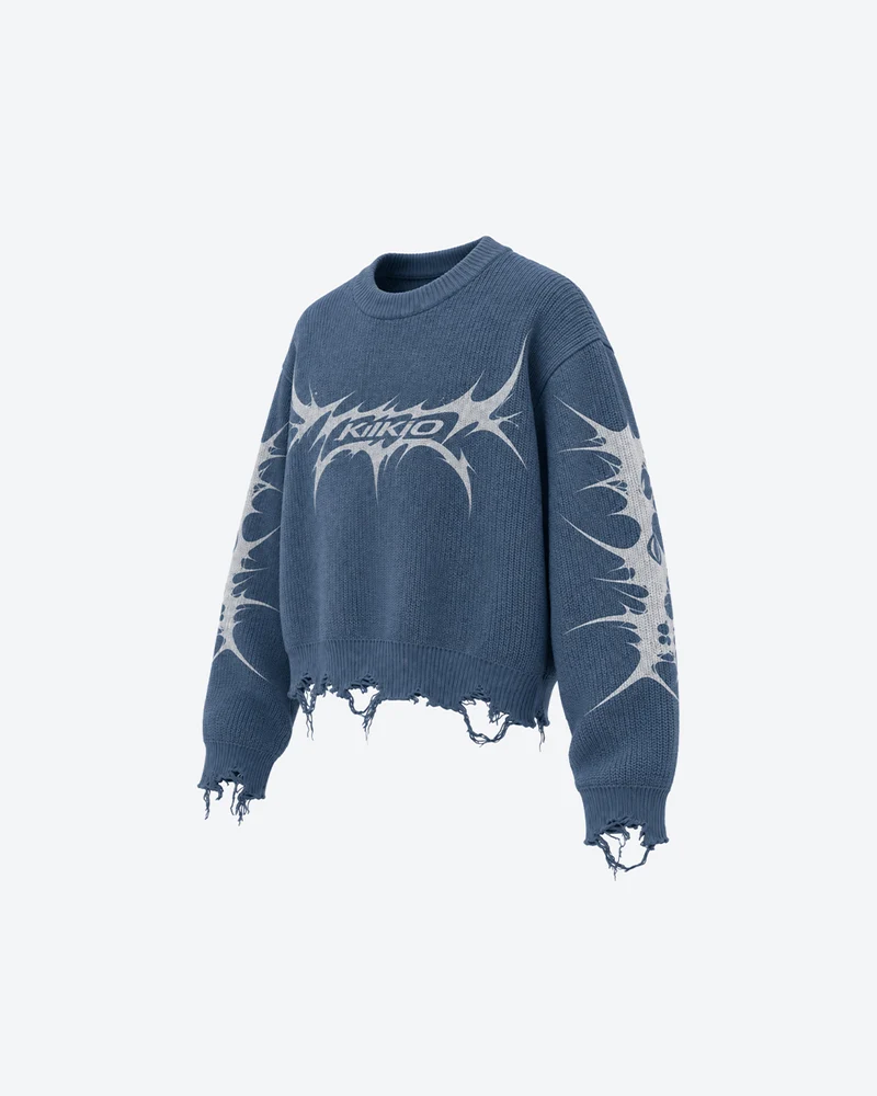 KIIKIO Retro Distressed Thorn Graphic Knit Sweater