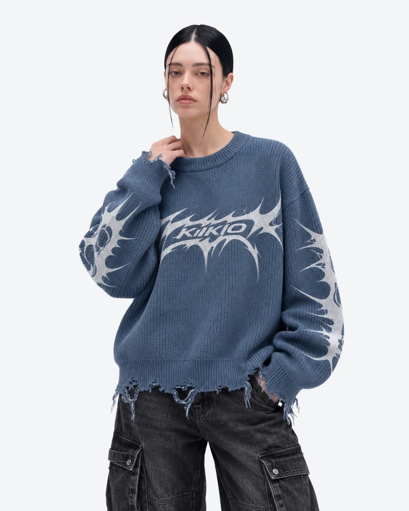 KIIKIO Retro Distressed Thorn Graphic Knit Sweater