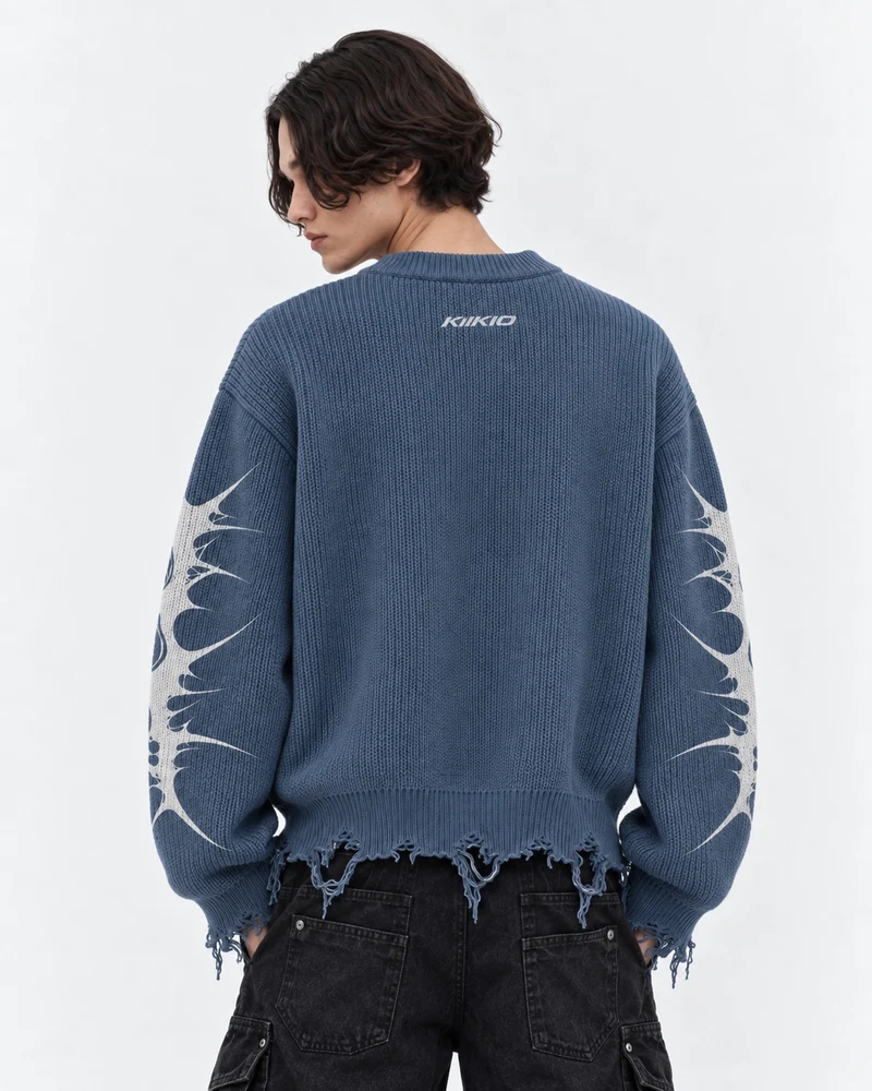 KIIKIO Retro Distressed Thorn Graphic Knit Sweater