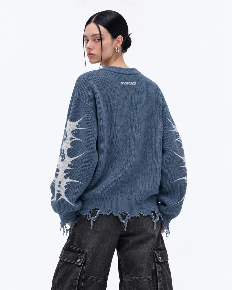 KIIKIO Retro Distressed Thorn Graphic Knit Sweater
