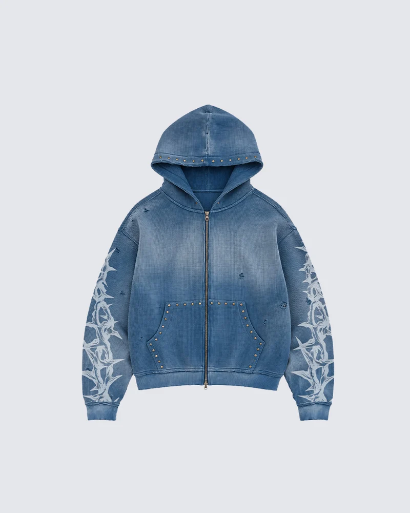 KIIKIO Studded Thorn Graphic Washed Zip-Up Hoodie