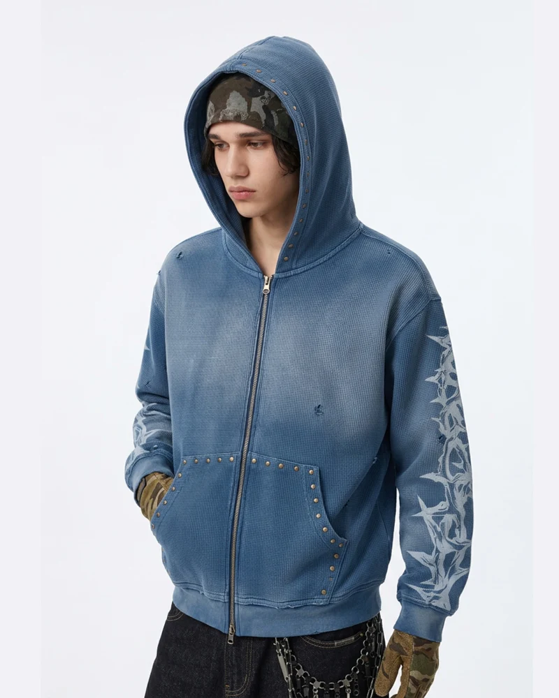 KIIKIO Studded Thorn Graphic Washed Zip-Up Hoodie