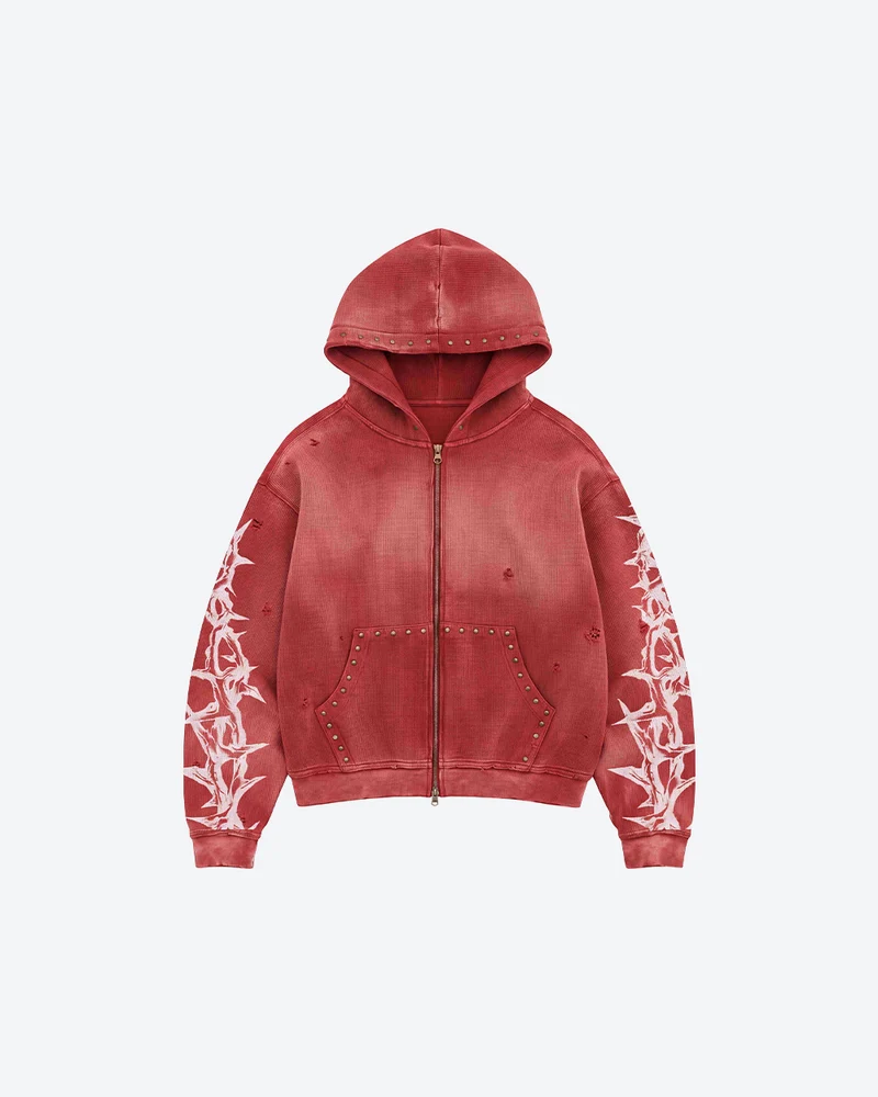KIIKIO Studded Thorn Graphic Washed Zip-Up Hoodie