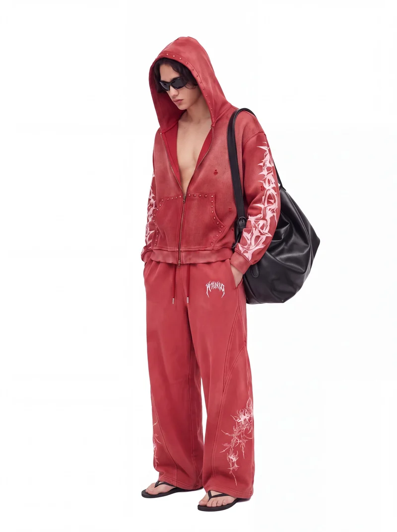 KIIKIO Studded Thorn Graphic Washed Zip-Up Hoodie