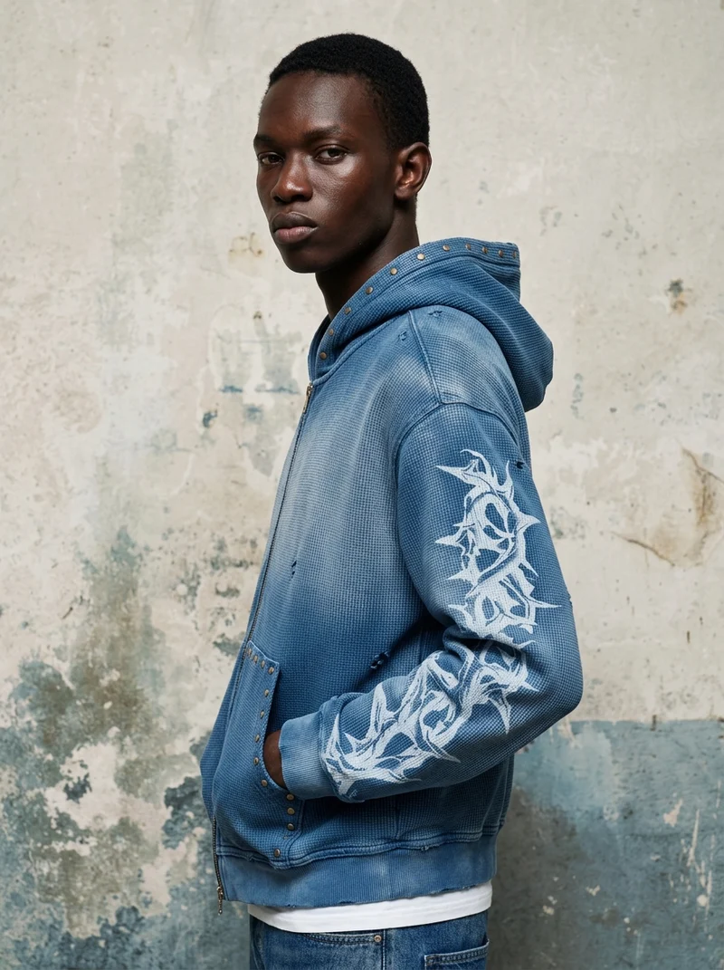 KIIKIO Studded Thorn Graphic Washed Zip-Up Hoodie