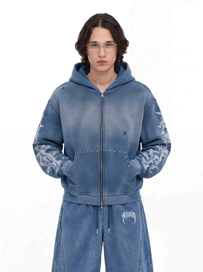 KIIKIO Studded Thorn Graphic Washed Zip-Up Hoodie