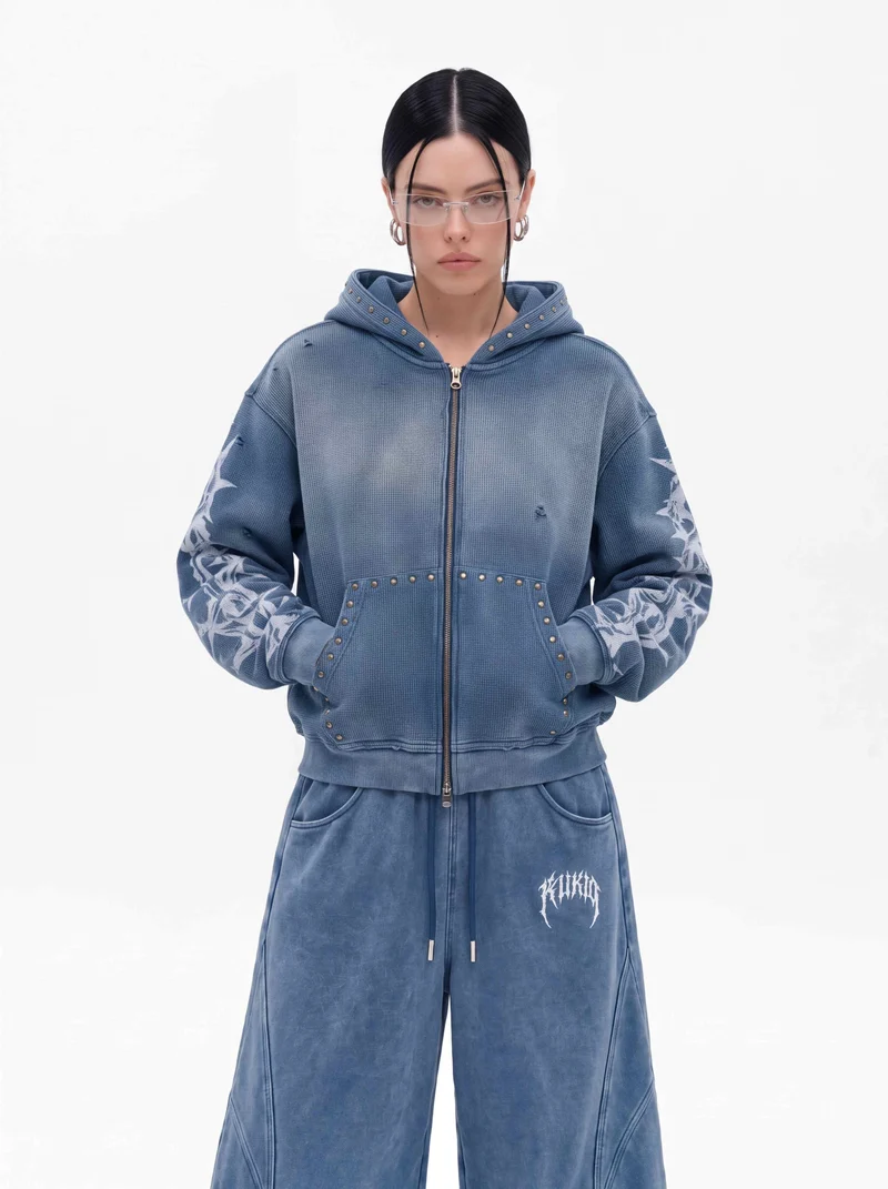 KIIKIO Studded Thorn Graphic Washed Zip-Up Hoodie