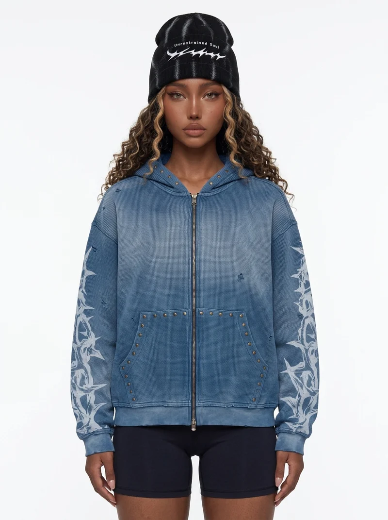 KIIKIO Studded Thorn Graphic Washed Zip-Up Hoodie