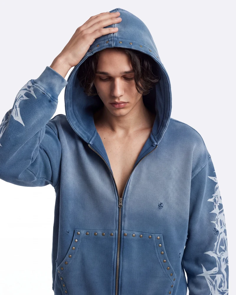 KIIKIO Studded Thorn Graphic Washed Zip-Up Hoodie