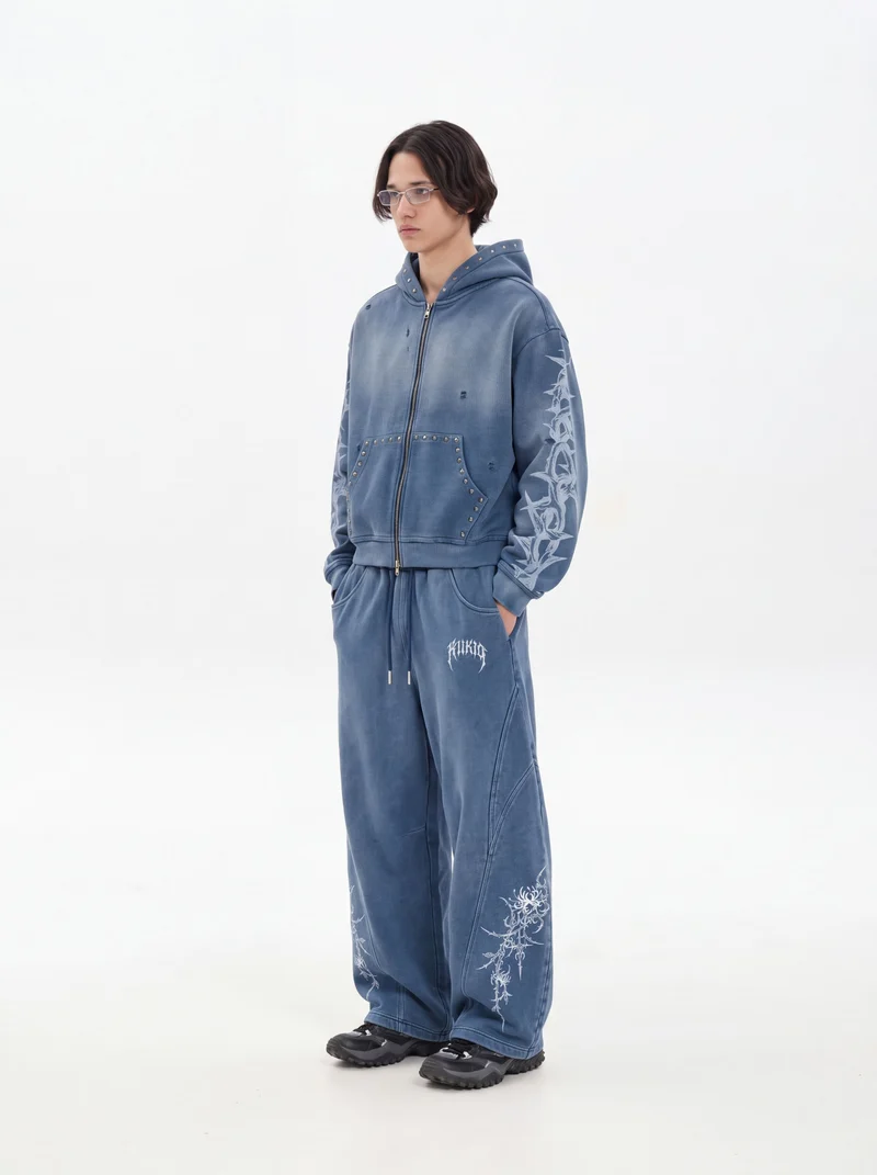 KIIKIO Studded Thorn Graphic Washed Zip-Up Hoodie