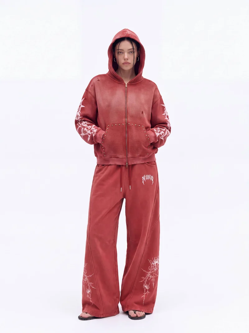 KIIKIO Retro Casual Thorn Graphic Wide Leg Sweatpants