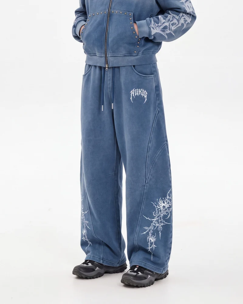 KIIKIO Retro Casual Thorn Graphic Wide Leg Sweatpants