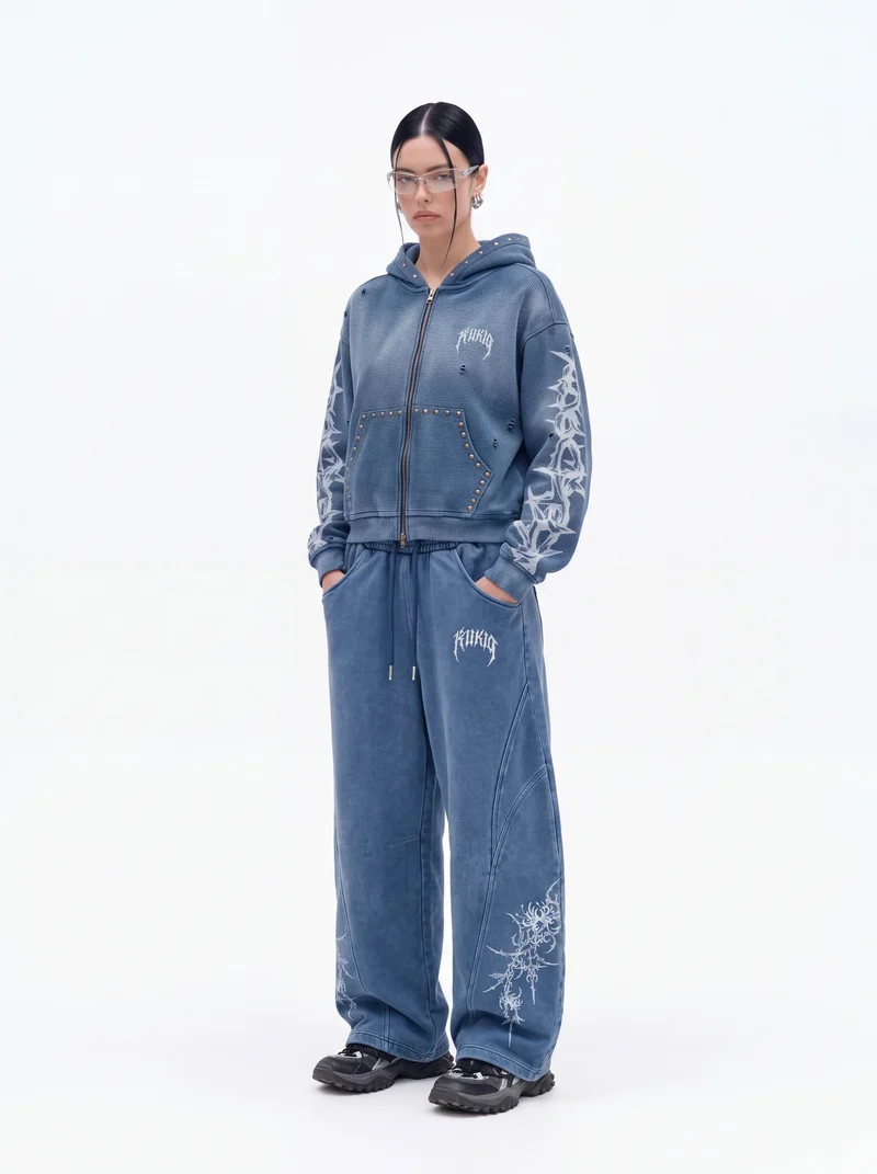 KIIKIO Retro Casual Thorn Graphic Wide Leg Sweatpants