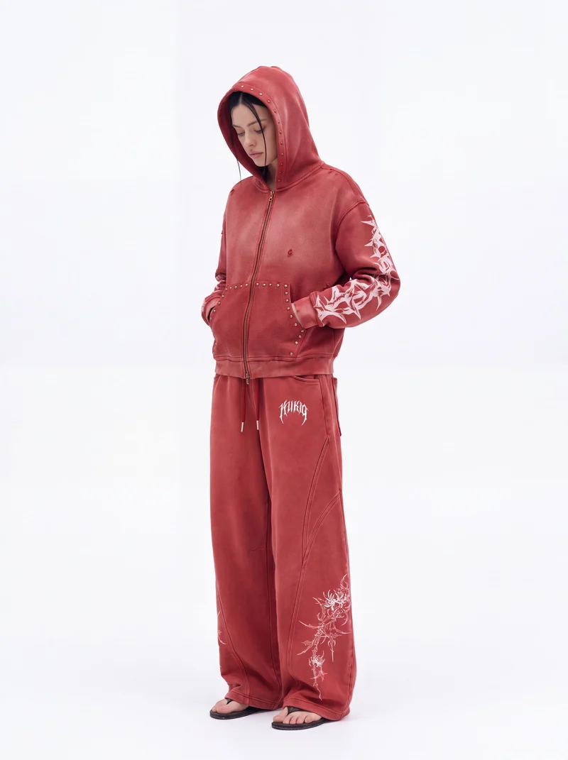 KIIKIO Retro Casual Thorn Graphic Wide Leg Sweatpants
