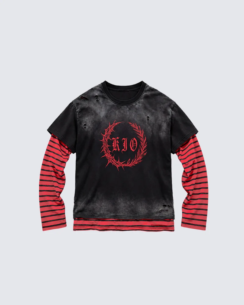 KIIKIO Retro Layered Thorn Graphic Long Sleeve T-Shirt