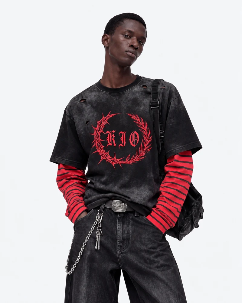 KIIKIO Retro Layered Thorn Graphic Long Sleeve T-Shirt
