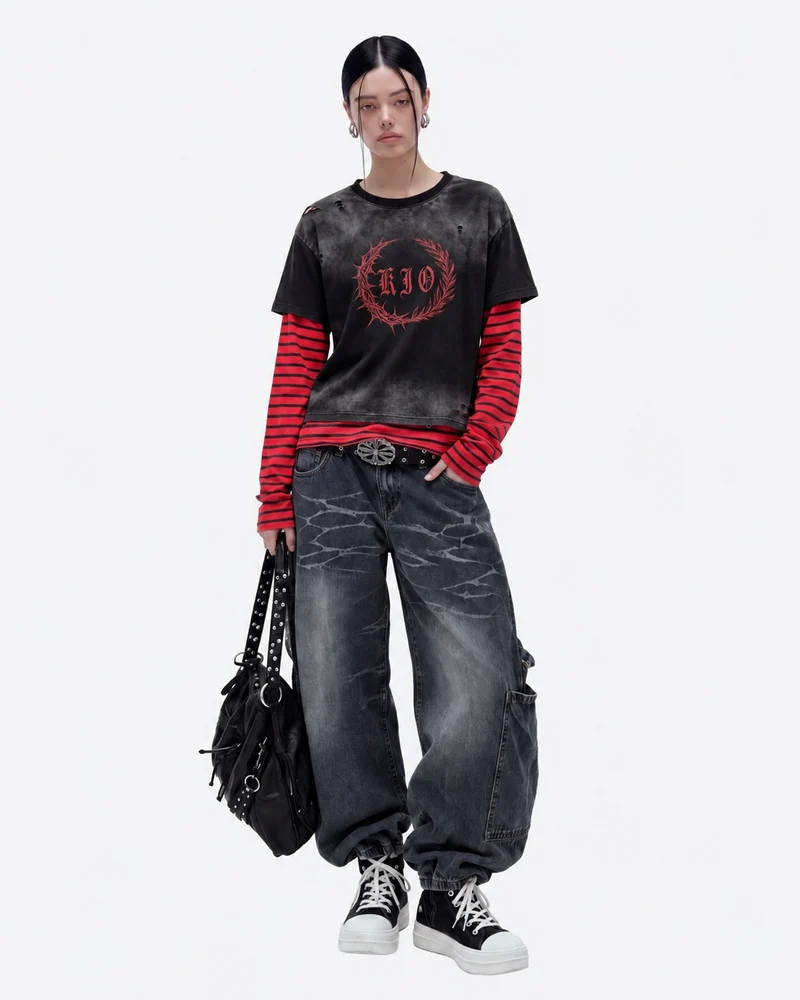 KIIKIO Retro Layered Thorn Graphic Long Sleeve T-Shirt
