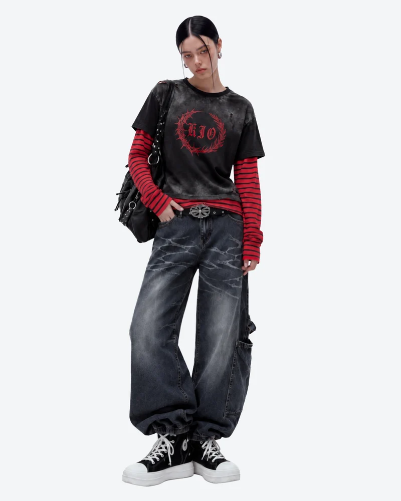 KIIKIO Retro Layered Thorn Graphic Long Sleeve T-Shirt