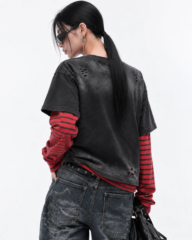 KIIKIO Retro Layered Thorn Graphic Long Sleeve T-Shirt