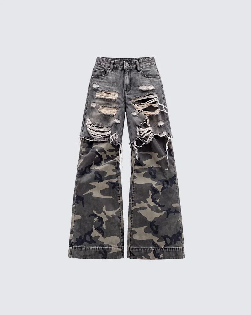 KIIKIO Distressed Camouflage Wide Leg Jeans