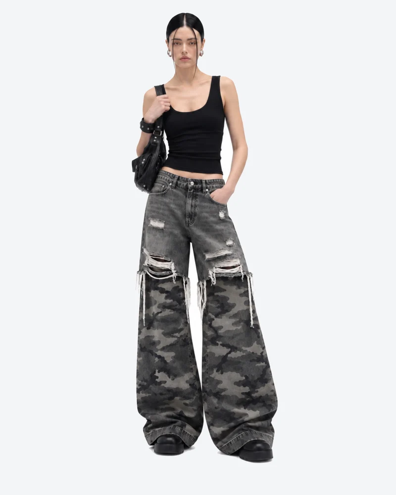 KIIKIO Distressed Camouflage Wide Leg Jeans