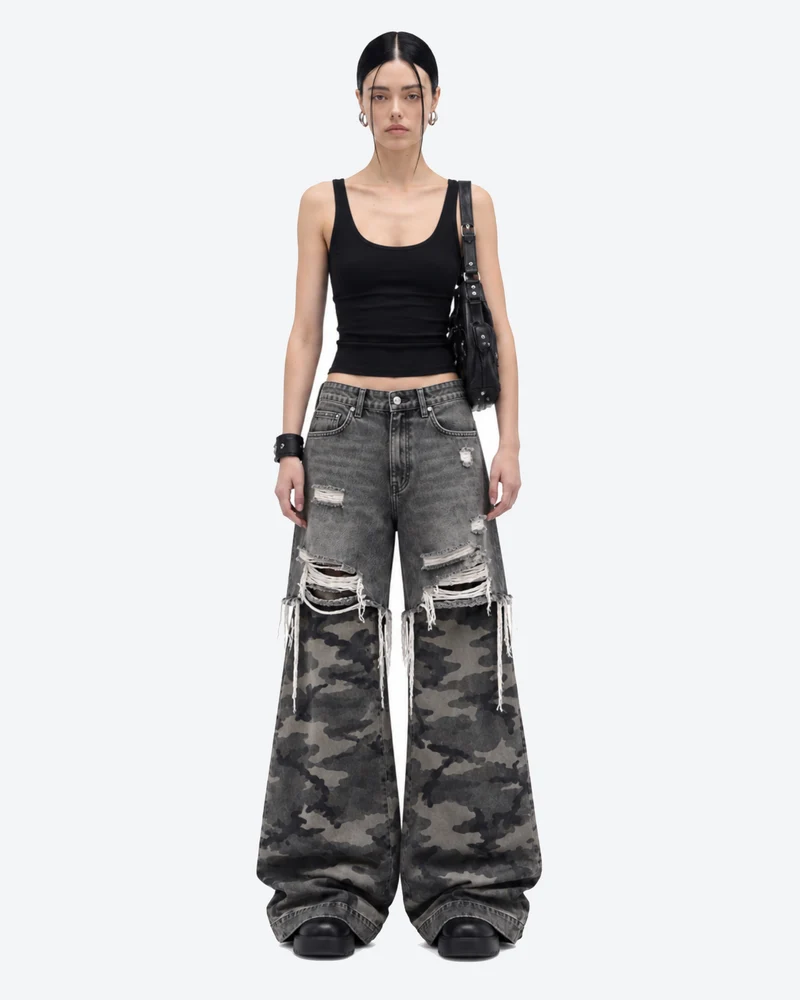 KIIKIO Distressed Camouflage Wide Leg Jeans