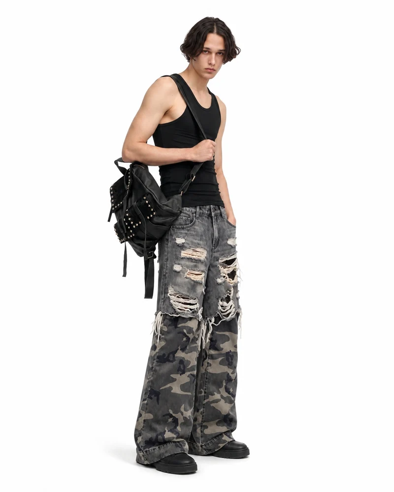 KIIKIO Distressed Camouflage Wide Leg Jeans