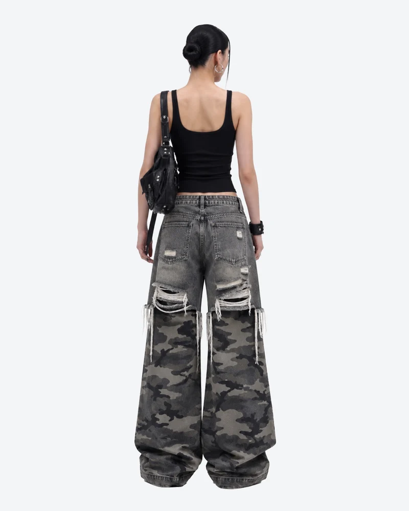 KIIKIO Distressed Camouflage Wide Leg Jeans