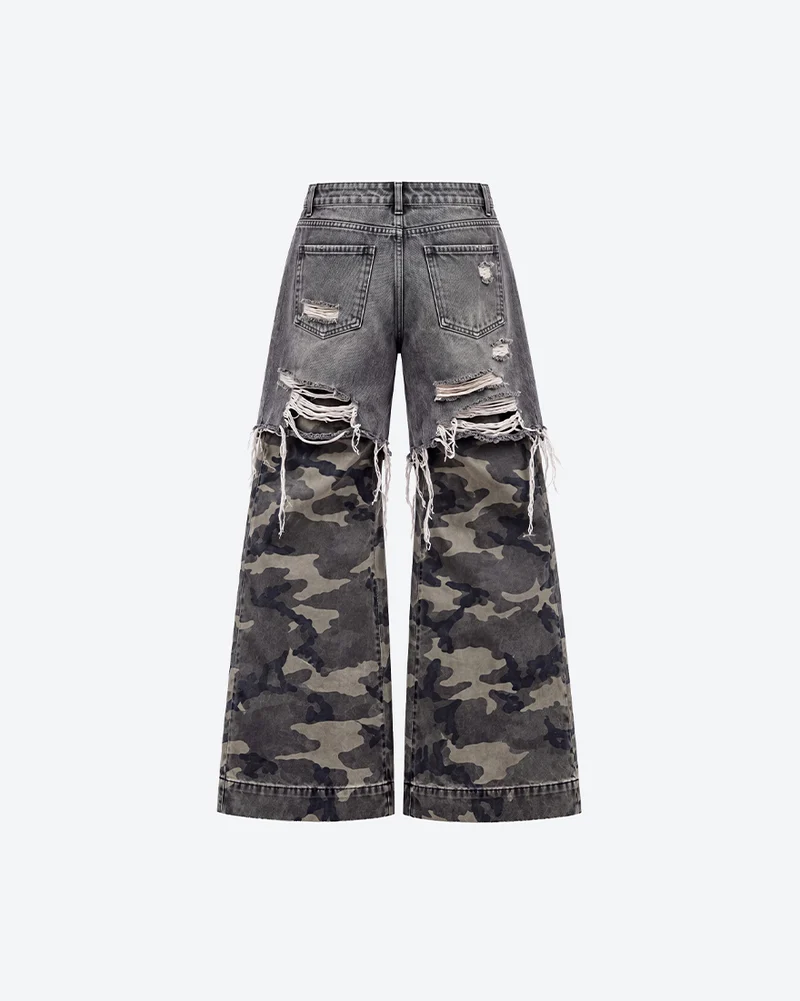 KIIKIO Distressed Camouflage Wide Leg Jeans