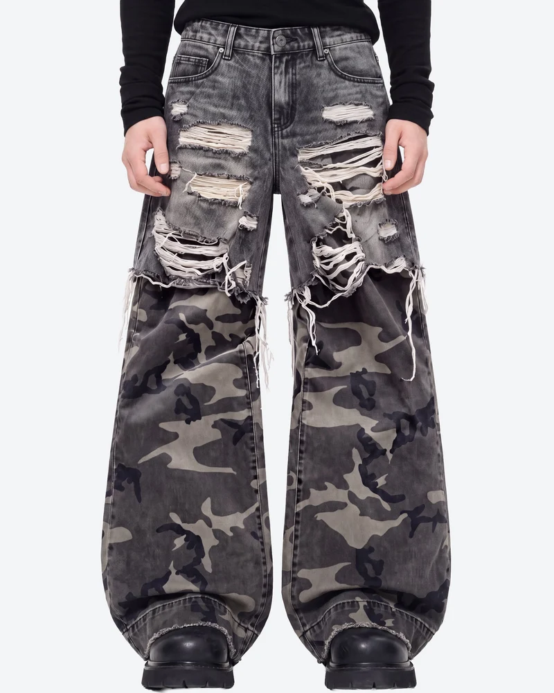 KIIKIO Distressed Camouflage Wide Leg Jeans