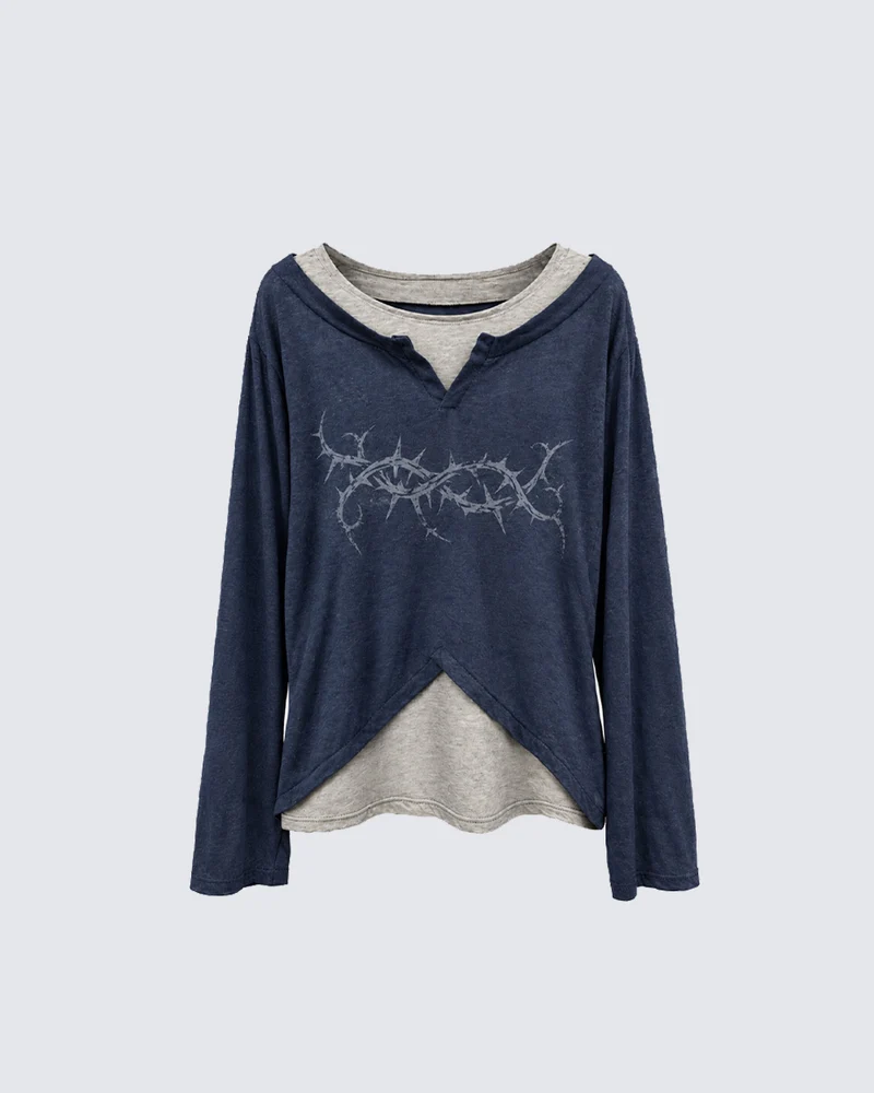 KIIKIO Layered Thorn Graphic Long Sleeve Top