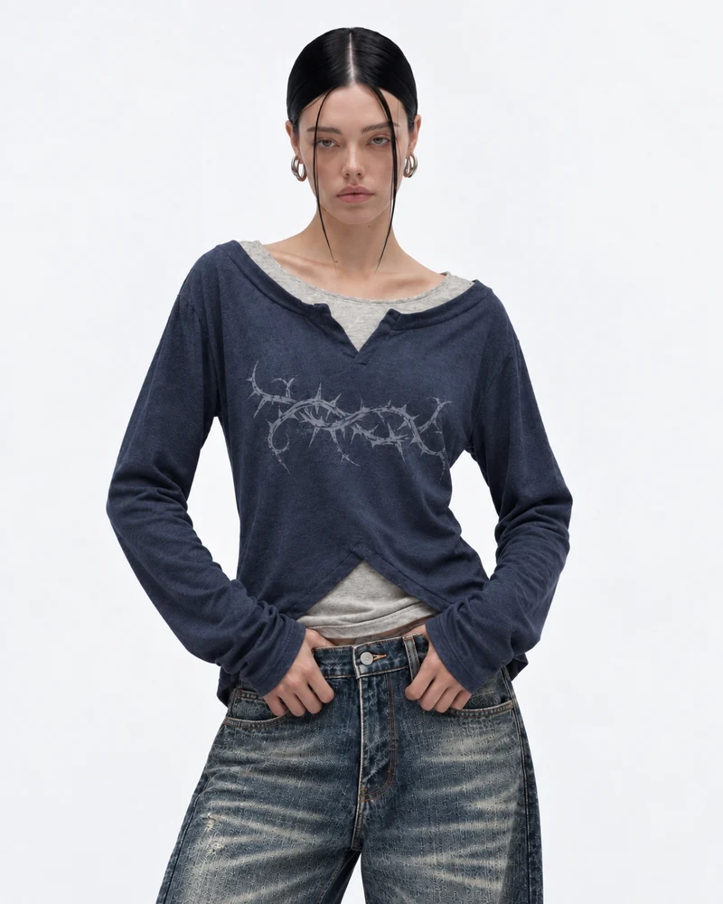 KIIKIO Layered Thorn Graphic Long Sleeve Top