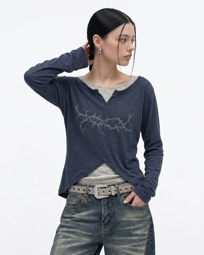 KIIKIO Layered Thorn Graphic Long Sleeve Top