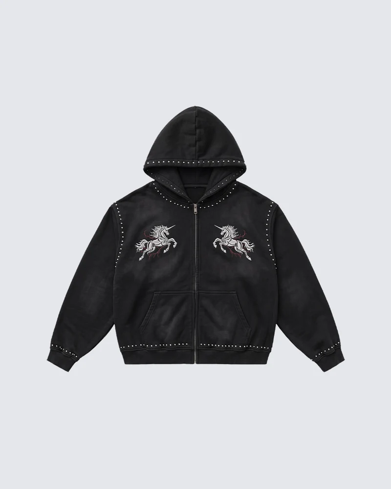 KIIKIO Retro Studded Gothic Zip-Up Hoodie