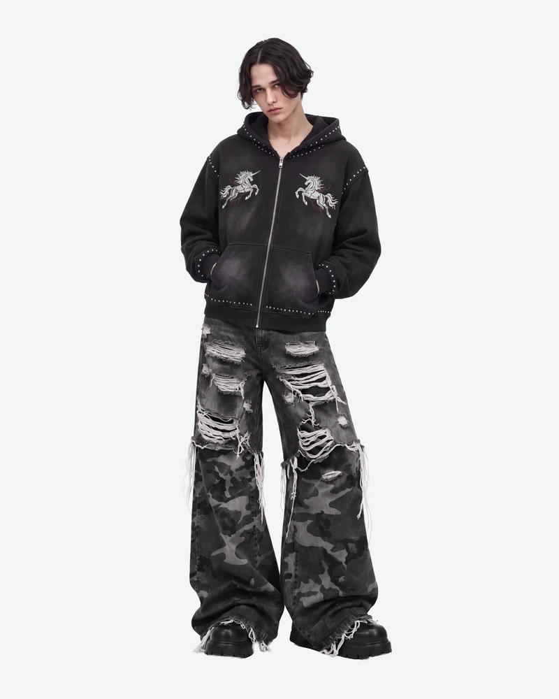 KIIKIO Retro Studded Gothic Zip-Up Hoodie